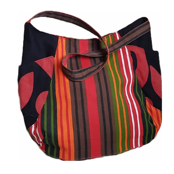 Large cotton tote bag with side pockets: orange stripes and swirls