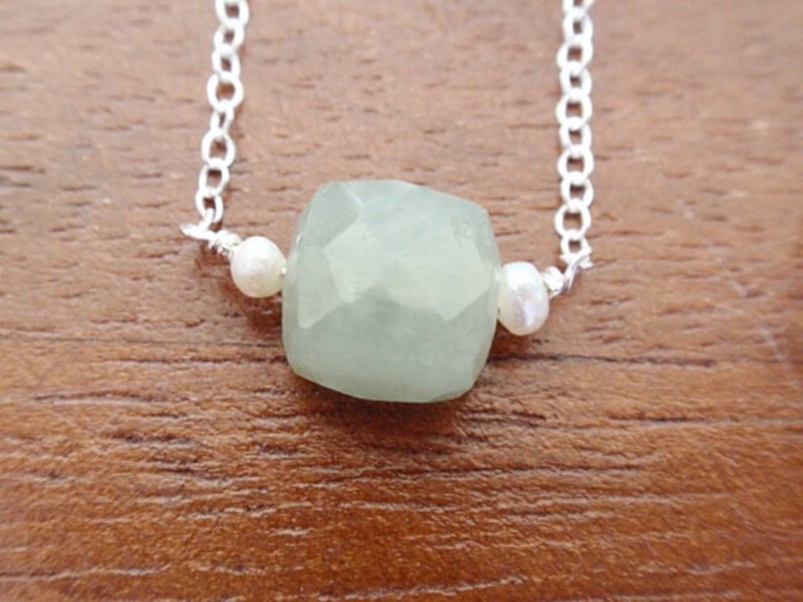 Aquamarine necklace, gemstone necklace with sterling silver or gold 