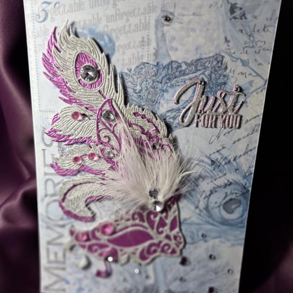 Hand Made Mixed Media Masquerade Mask Card With Sentiment And Cardelope Free P&P