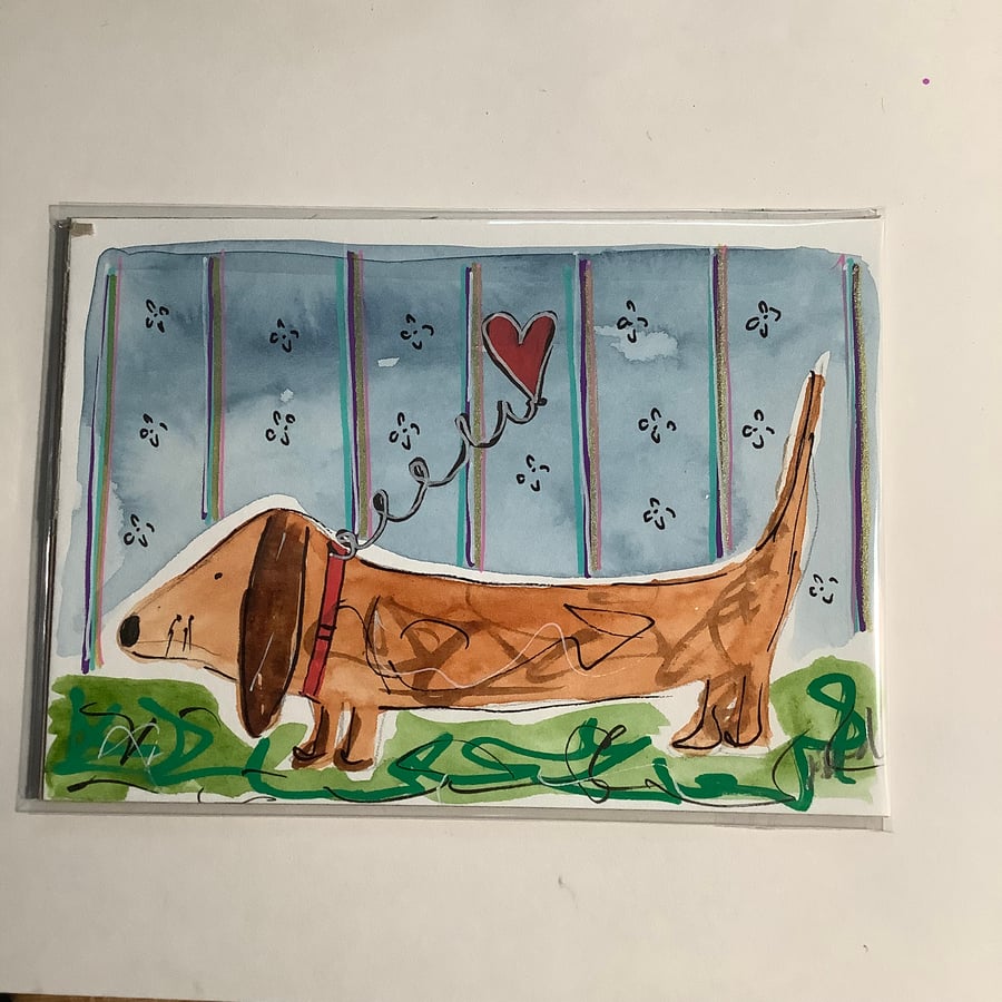 Sausage dog Valentine painting. Original art. Dachshund. Gift
