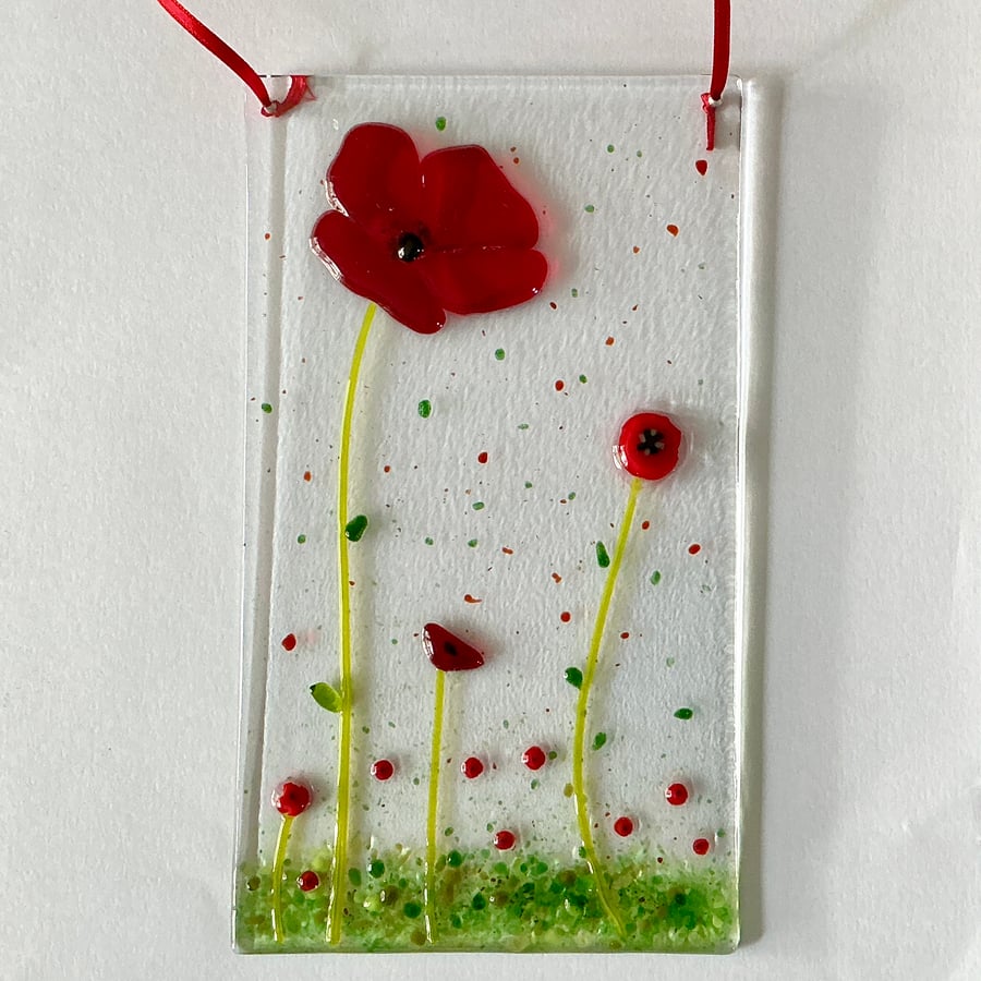 Fused glass poppy suncatcher, hanging decoration