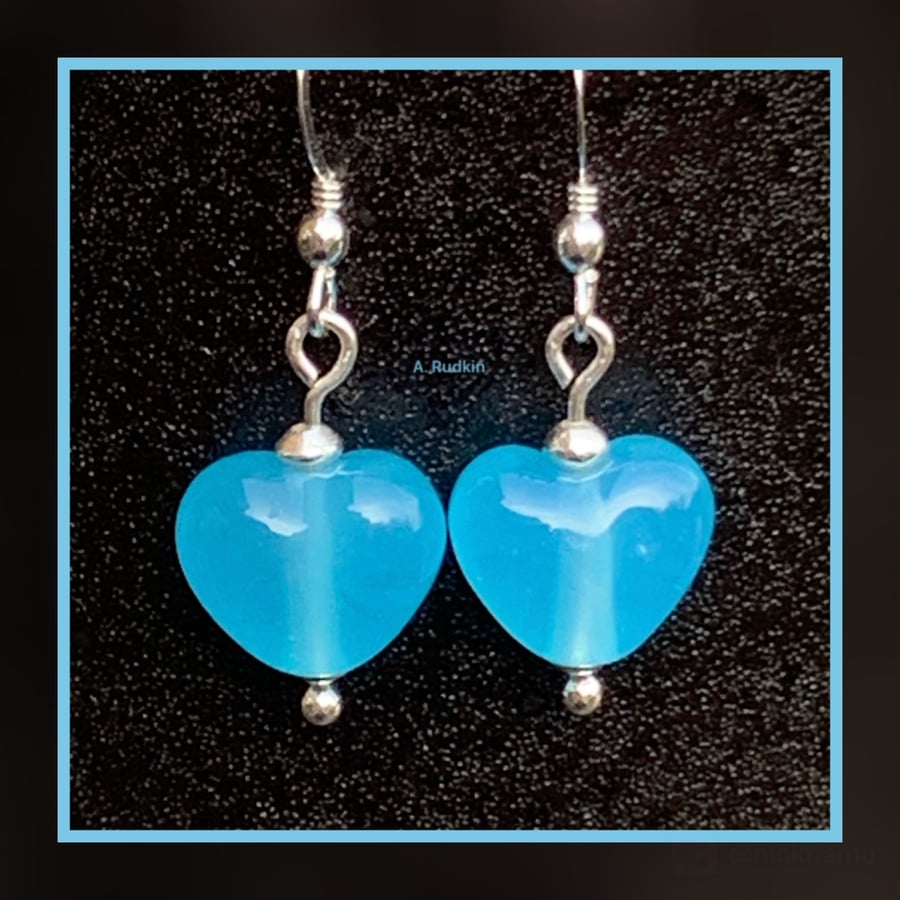 925 sterling silver - lampwork glass - blue heart earrings - by amanda rudkin 