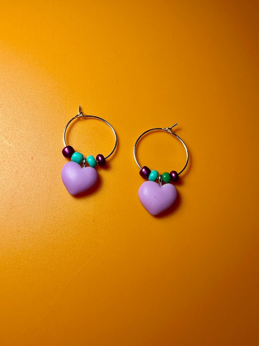 Purple Heart Hoop Earrings