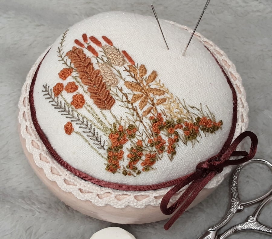 Hand Embroidered Pin Cushion, hand sewn pincushion, sewing gift
