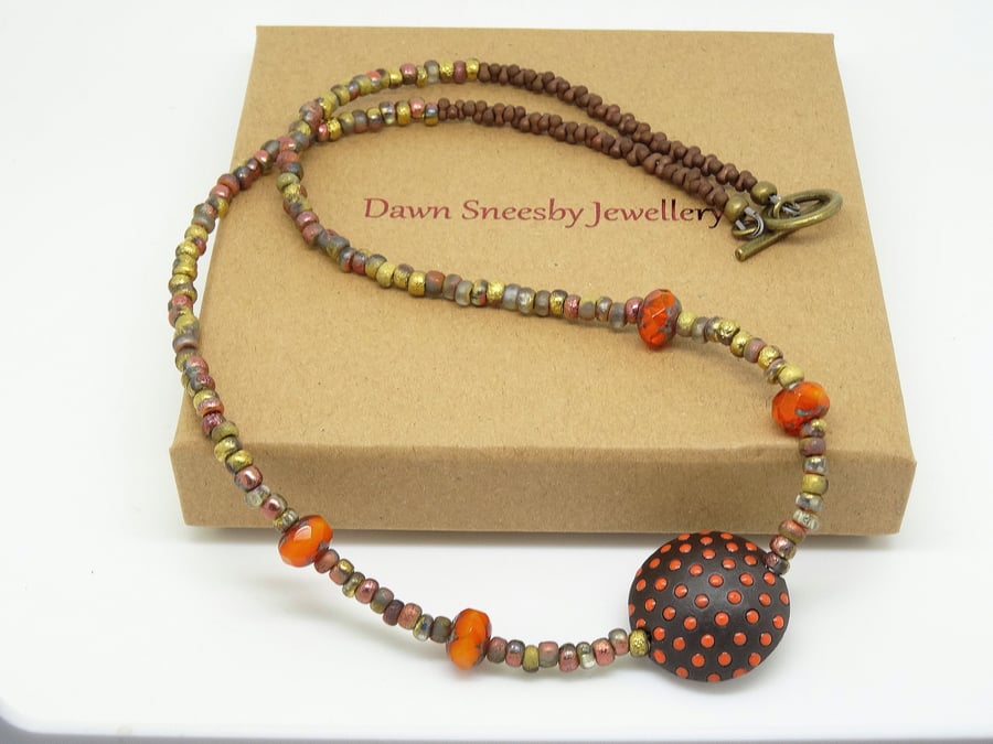 Czech Glass Necklace, Ceramic Necklace, Golem Design Lentil Bead,Orange Necklace