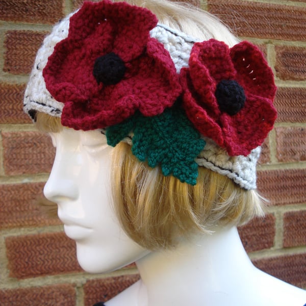 Knitted Headband With Two Poppies And Leaves Buttoned At The Back (R644)