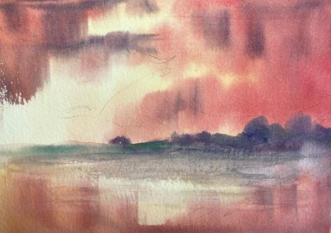Semi abstract sunset (Original Gouache painting FULLY MOUNTED 8” x 6”)