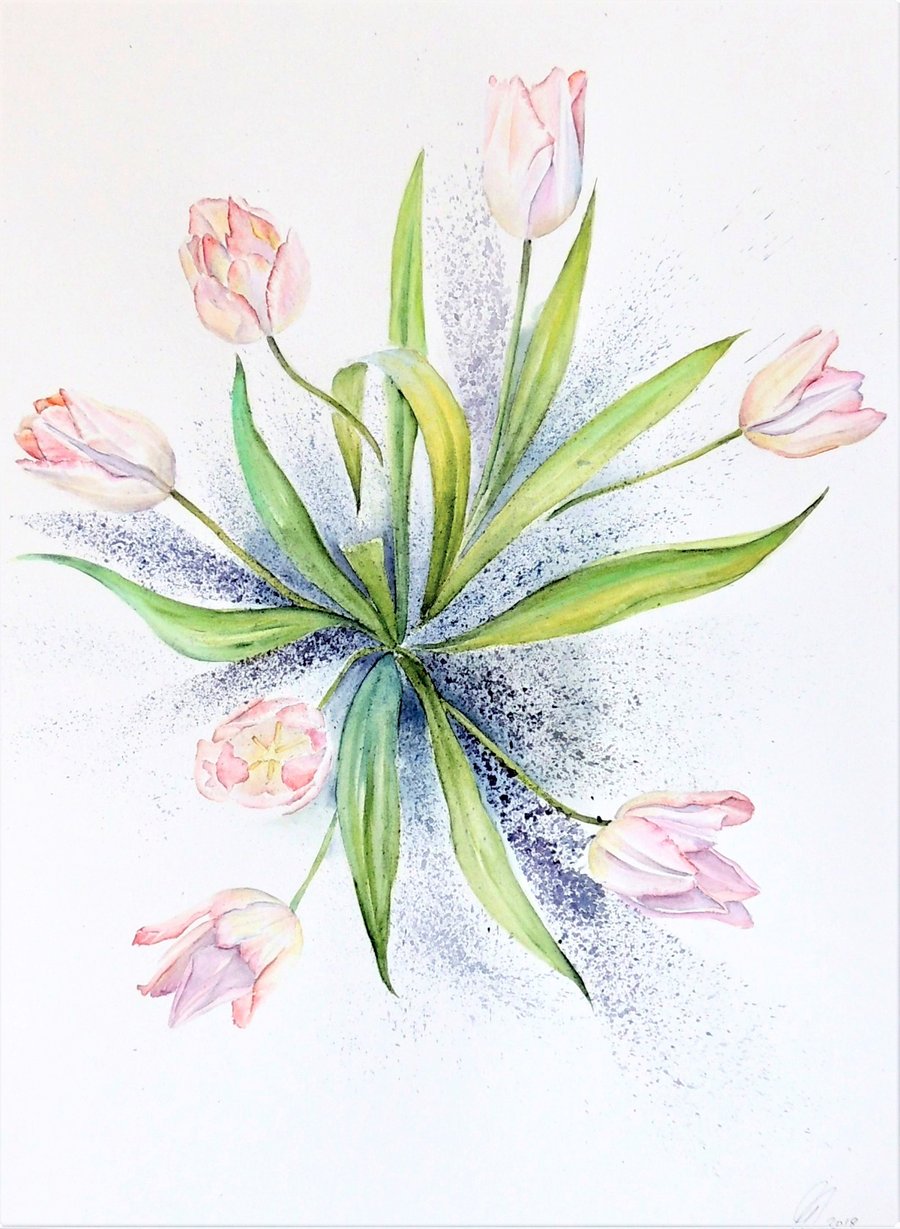 Pink Tulip  Spring Flowers Original Watercolour Painting
