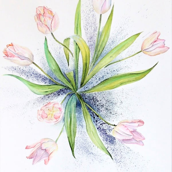 Pink Tulip  Spring Flowers Original Watercolour Painting