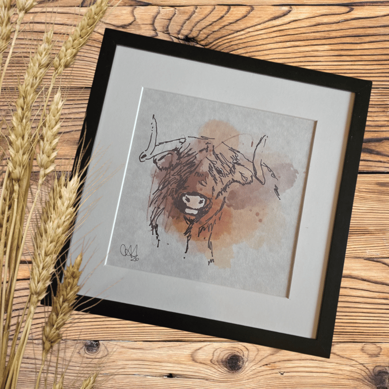 Handdrawn watercolour Art: Highland Cow in Black Frame (8x8")