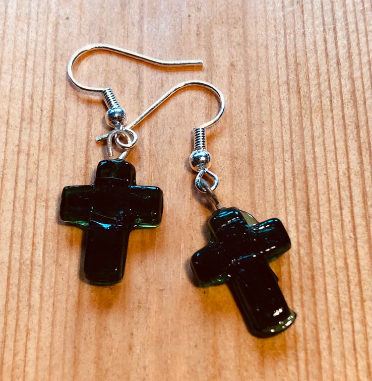 Green glass cross earrings