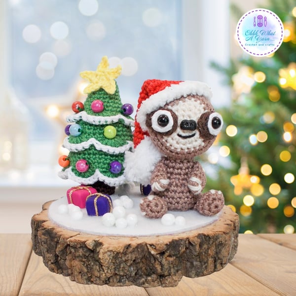 Sloth and Christmas tree crocheted sculpture.  Crochet ornament, decoration