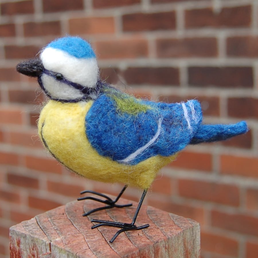Needle Felt Blue Tit - wool textile art 