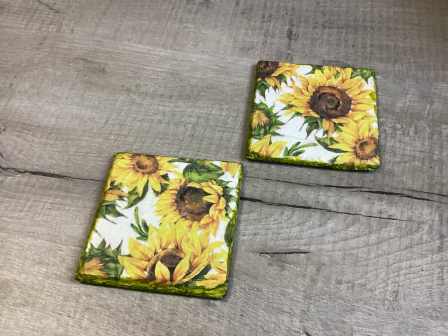 Sunflowers decoupage slate coasters x 2