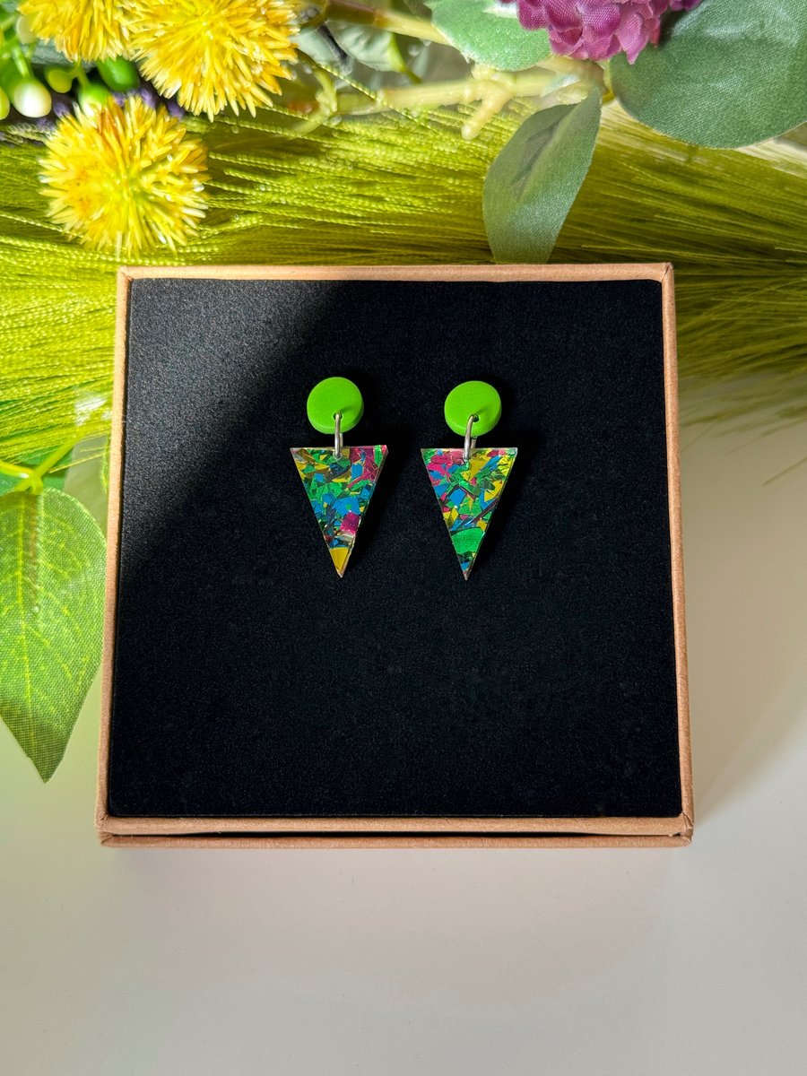 Green Rainbow Festival Confetti Acrylic Triangle Earrings