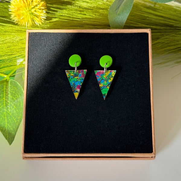Green Rainbow Festival Confetti Acrylic Triangle Earrings
