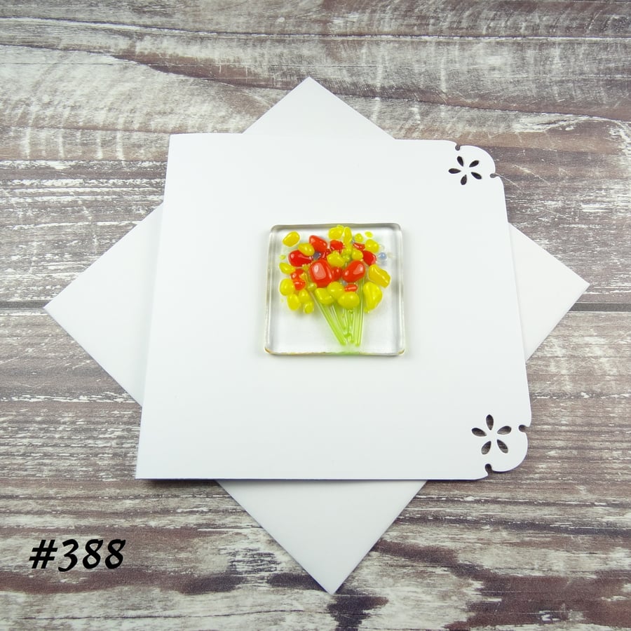 Yellow and orange flowers handcrafted fused glass blank card (388)