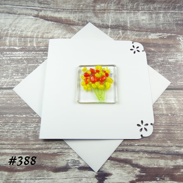 Yellow and orange flowers handcrafted fused glass blank card (388)