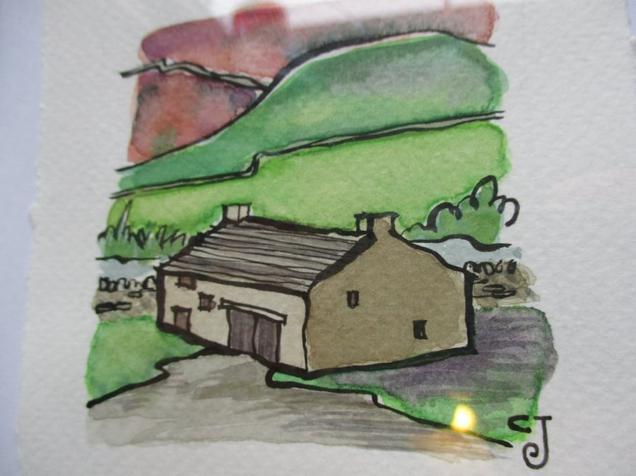 SALE - Tiny Art: The Barn – original art, framed watercolour painting