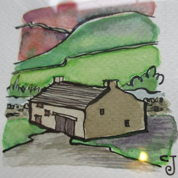 SALE - Tiny Art: The Barn – original art, framed watercolour painting