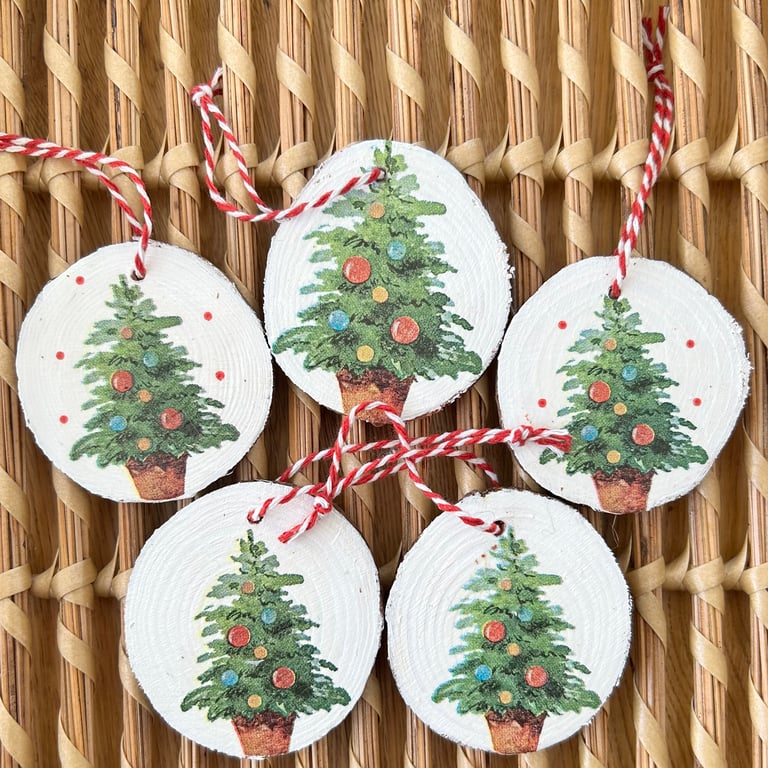 Wooden Christmas decorations - set of 5 decoupage ornaments - tree decorations