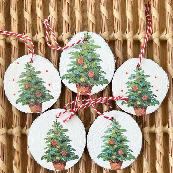 Wooden Christmas decorations - set of 5 decoupage ornaments - tree decorations
