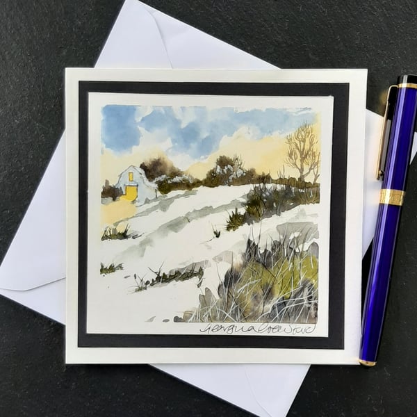 Blank Card. Snowy Barn. Handpainted Watercolour Keepsake