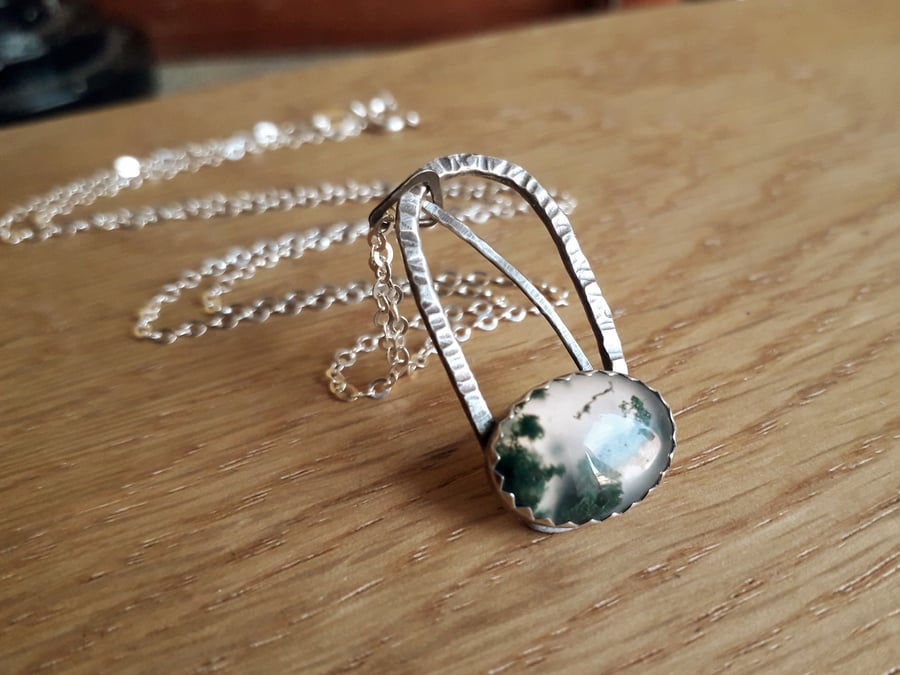 Moss Agate Hammered Sterling Silver Necklace 