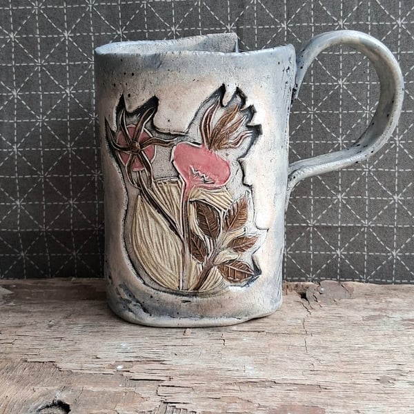 rosehip linocut coffee cup tea mug in soft blue Stoneware ceramic pottery