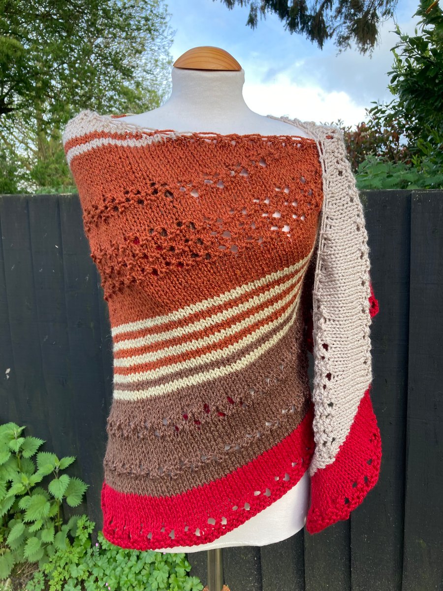 Unique Asymmetrical Hand Knitted Lace Wrap in Earthy Colours 