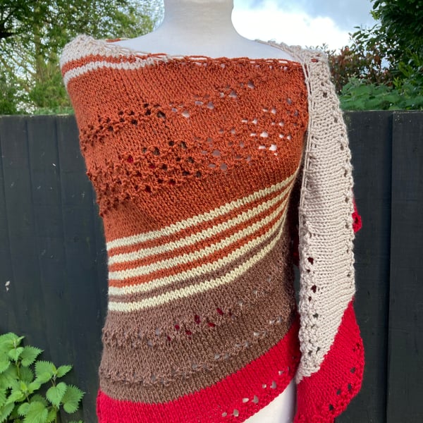 Unique Asymmetrical Hand Knitted Lace Wrap in Earthy Colours 