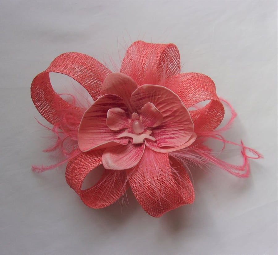 Bright Coral Sinamay Loop with Orchid Flower Fascinator Hair Clip