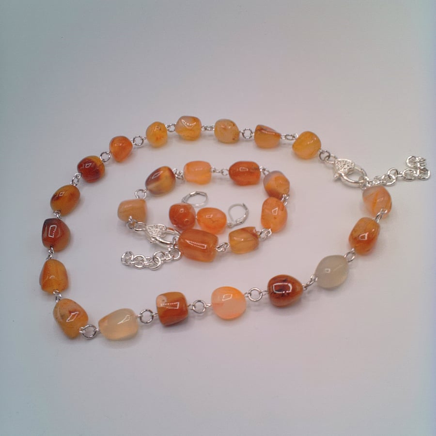 Red and Pale Carnelian Chunky Nugget Bead 3 Piece Jewellery Set, Gift for Her