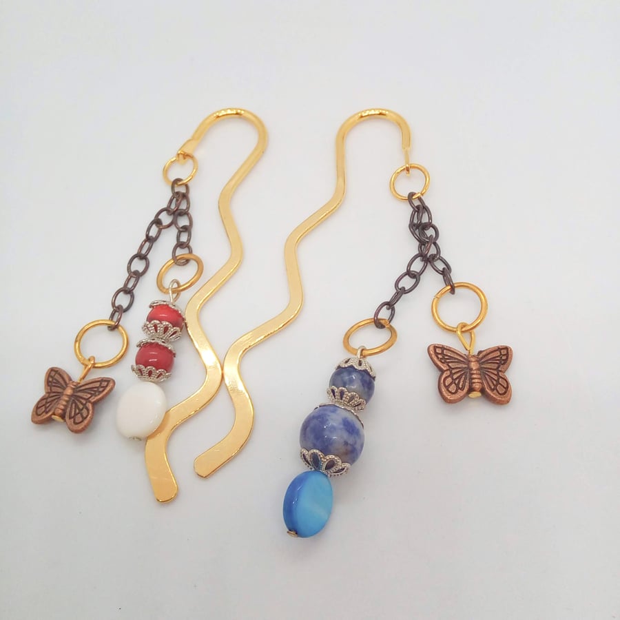 Gold Squiggle Bookmark with Bronze Butterfly Charm and A Choice of Beaded Charm