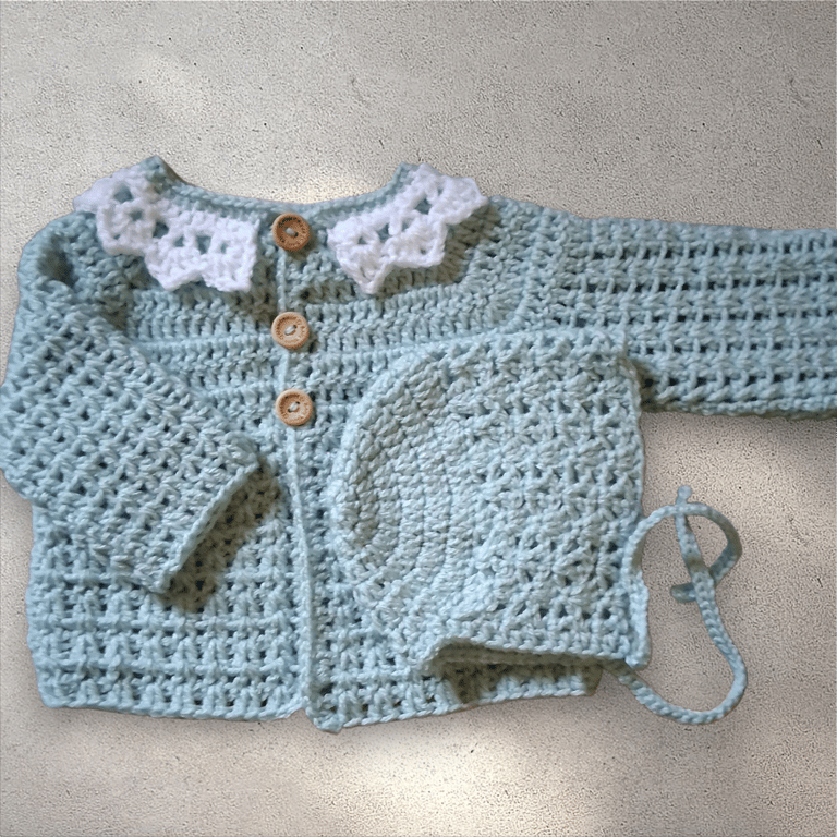 Duck egg crochet baby cardigan, optional bonnet, 0-3 months