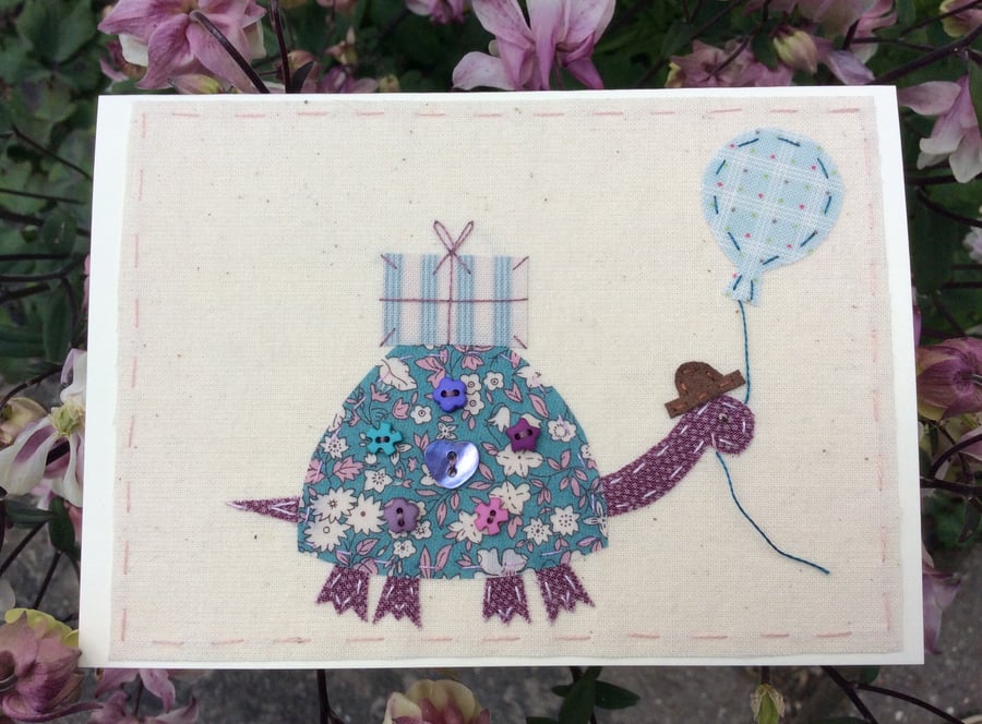 Sammy the tortoise hand embroidered birthday card