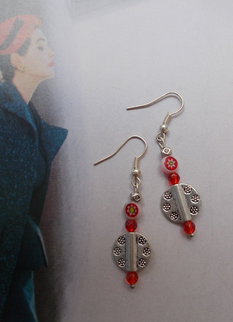 Red Glass and Tibetan Silver Dangly Earrings