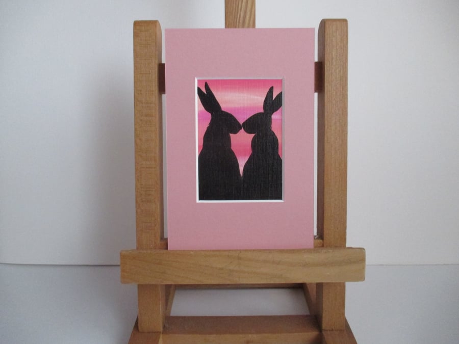 Bunny Rabbit ACEO painting Silhouette original art mounted ready to frame pink
