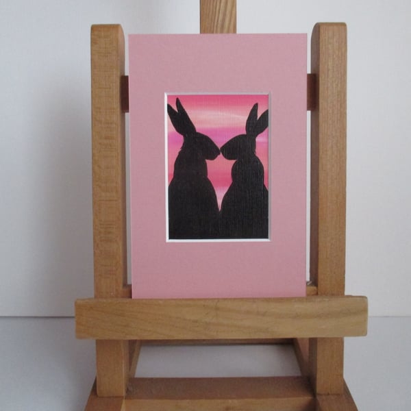 Bunny Rabbit ACEO painting Silhouette original art mounted ready to frame pink