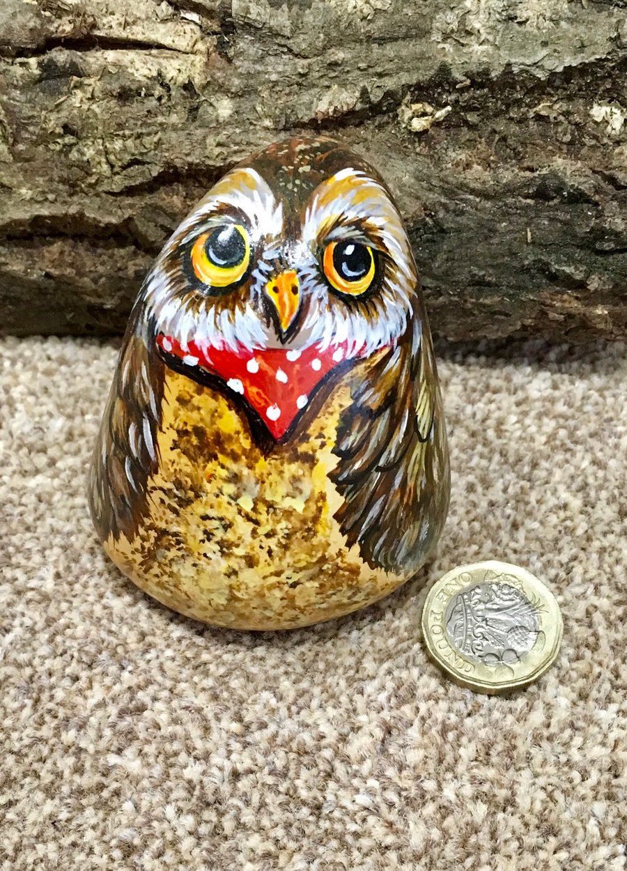 Owl painted pebble garden wildlife pet rock stone art 