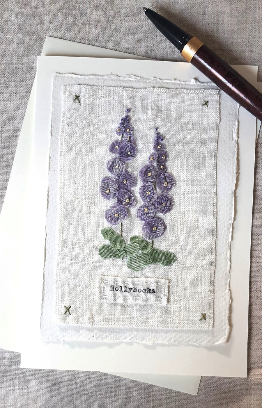 Hand Ribbon embroidered  keepsake blank greetings card