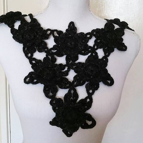 Crochet black flower triangle necklace -decorative collar -woman accessoriess