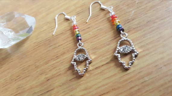 Handmade chakra crystal and rainbow glass bead hamsa hand earrings