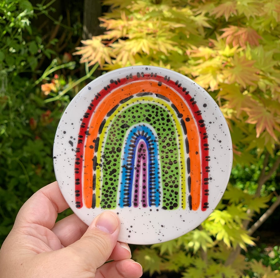 Hand Painted Rainbow Ceramic Coaster, traditional coloured pottery coaster