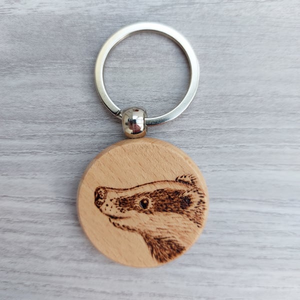 Badger Pyrography Wood Keyring. Ideal Gift for Nature Lovers.
