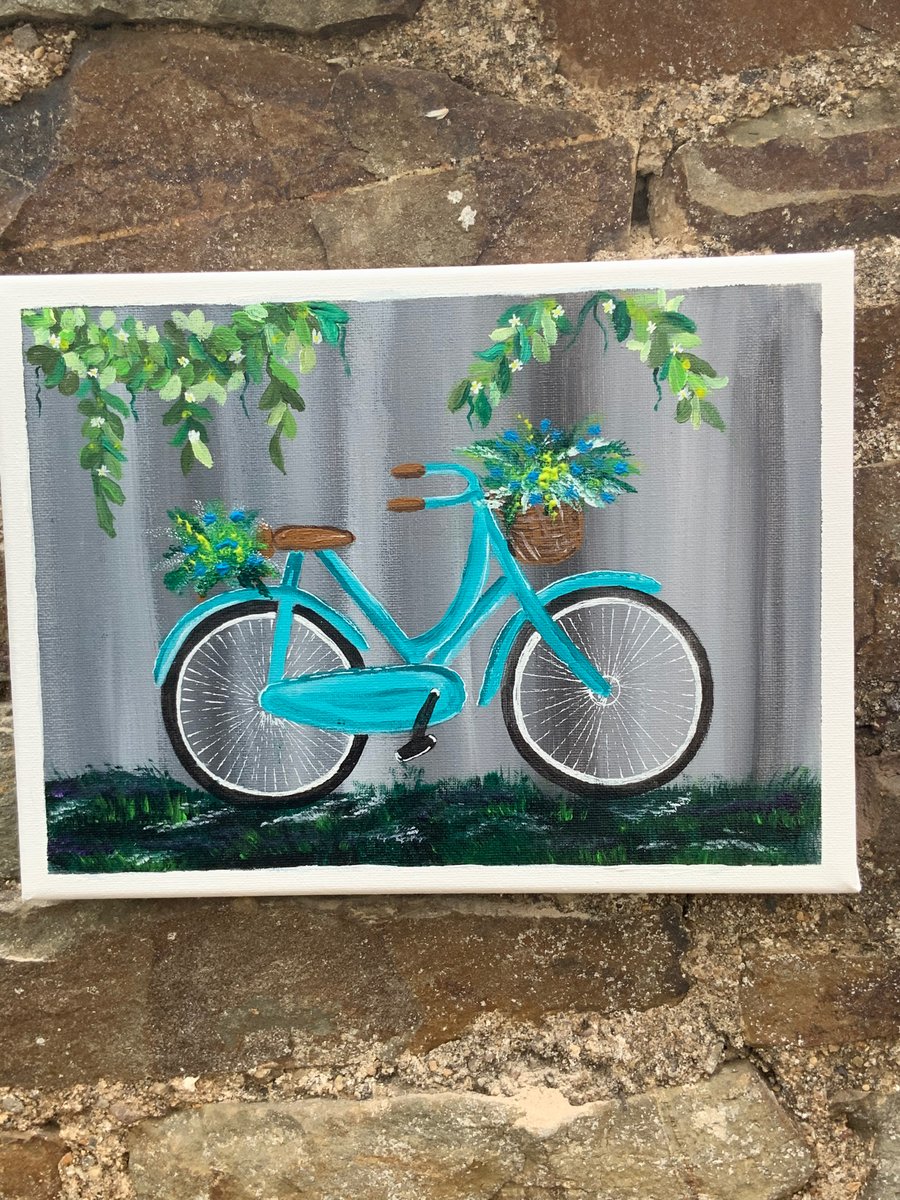 Acrylic Painting. Blue Bicycle. Flower Basket. 9” by 12”. Flat Canvas. 