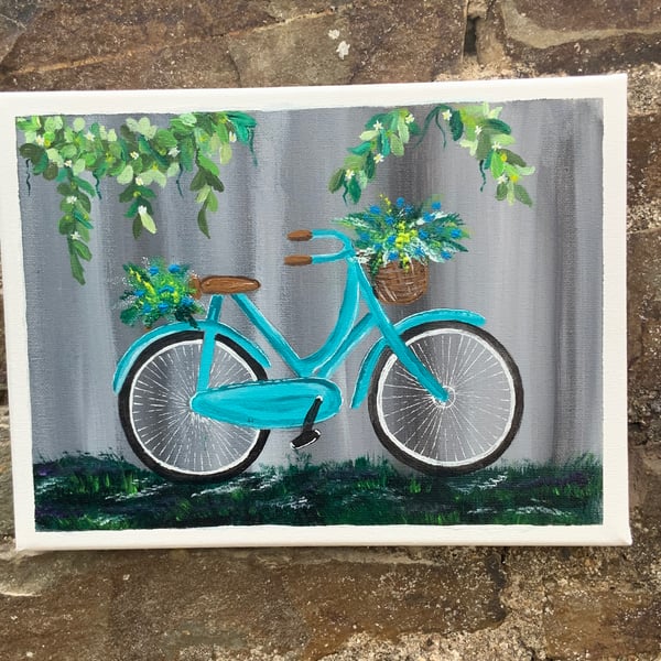 Acrylic Painting. Blue Bicycle. Flower Basket. 9” by 12”. Flat Canvas. 