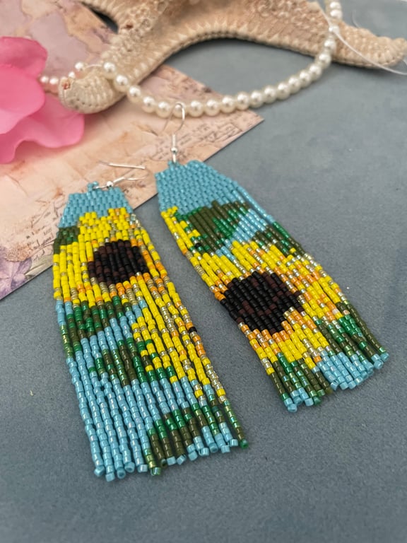 Beaded fringe earrings, Sunflower design, boho dangle fringe earrings, gift her