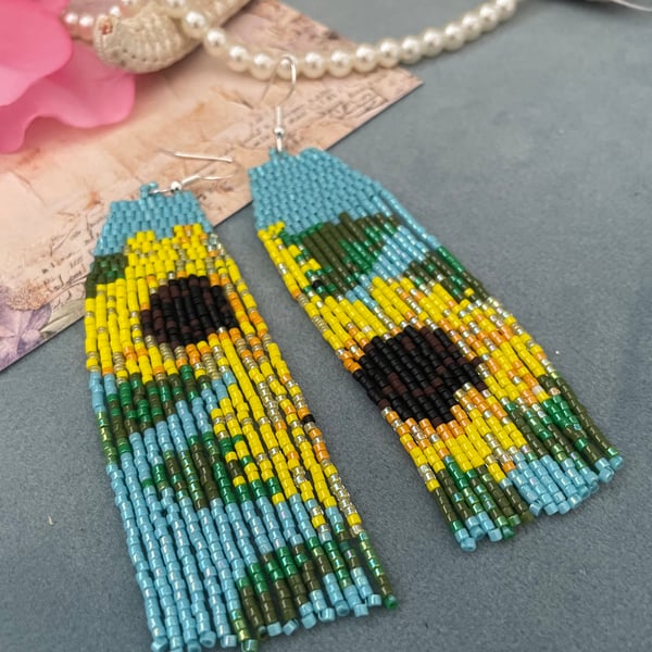 Beaded fringe earrings, Sunflower design, boho dangle fringe earrings, gift her