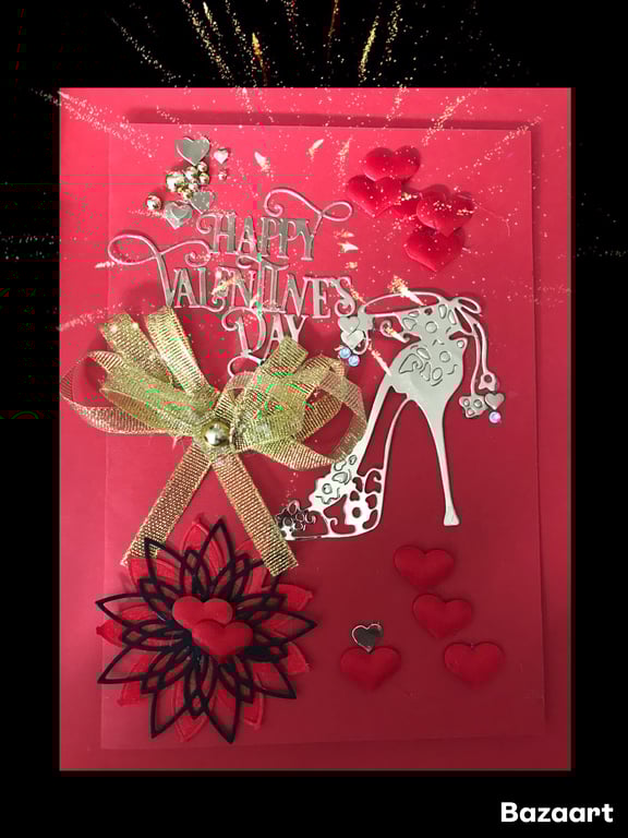 Valentines Card - A5 Size 3D - Soft Satin Puffy Hearts & Gold Beads